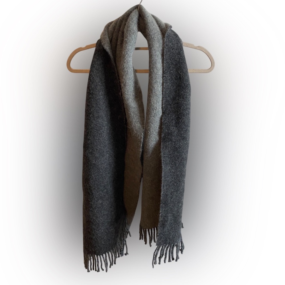 Vintage Ralph Lauren Lambswool Angora Fringed Colorblock Scarf Grey Made Italy